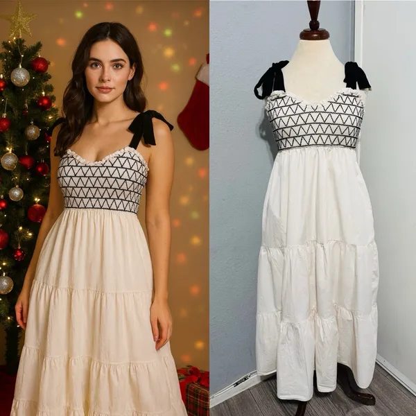 Women Ivory Smocked‎ Tiered Tie Straps Maxi Peasant Dress Size L 100% Cotton - Image 2