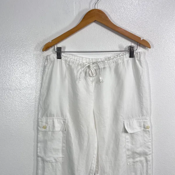 Vintage Y2K Mossimo Linen Wide Leg Cargo Pants White Drawstring Women's Small - Image 9