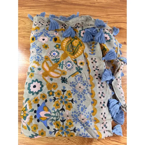 Natural Life Floral Tassel Scarf Boho Lightweight Rayon Wrap Tan Blue NEW - Image 6