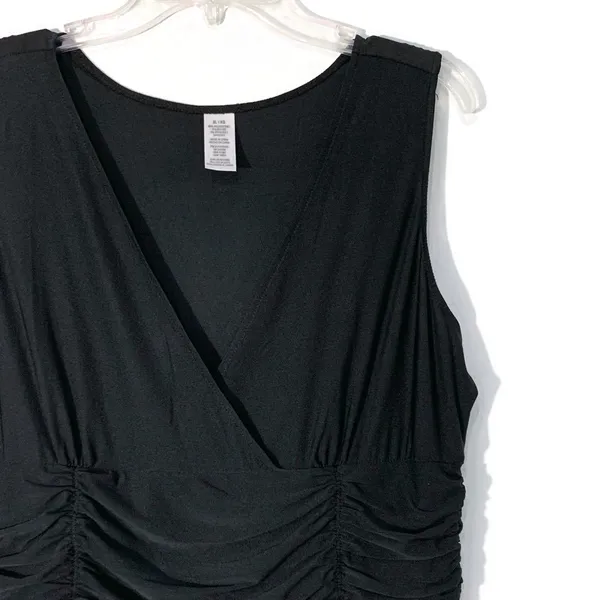 Black Faux Wrap Ruched Cocktail Dress XL Figure Flattering Stretch LBD - Image 5