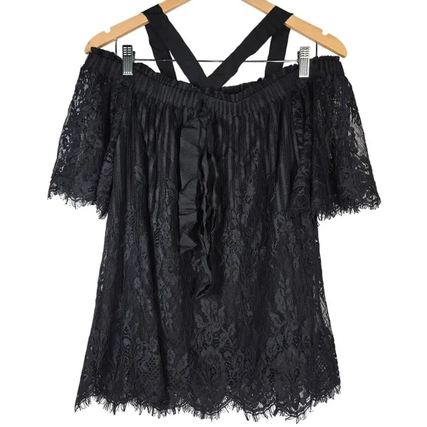 Chelsea 28 Black Lace Off Shoulder Crisscross Neck Ruffle Blouse‎ Top S - Image 2
