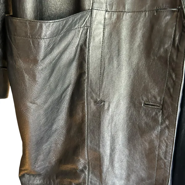 Vintage 90's Marco Morani Black Leather Long Trench Coat Women’s L Suede Trim - Image 11