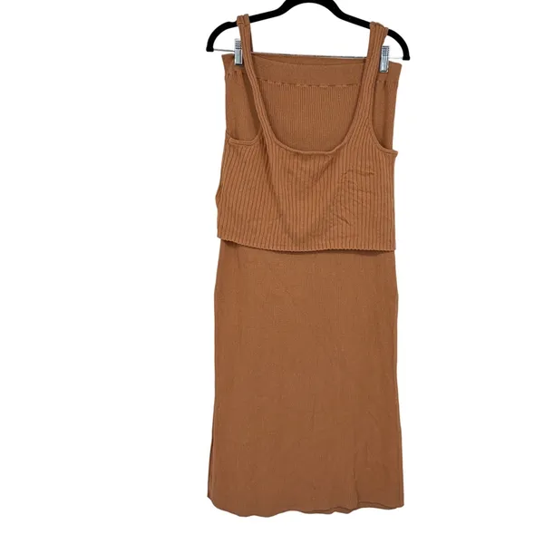 FP Beach Free People Ribbed Knit Tank Maxi Skirt Set Brown Cotton Size L - Image 2