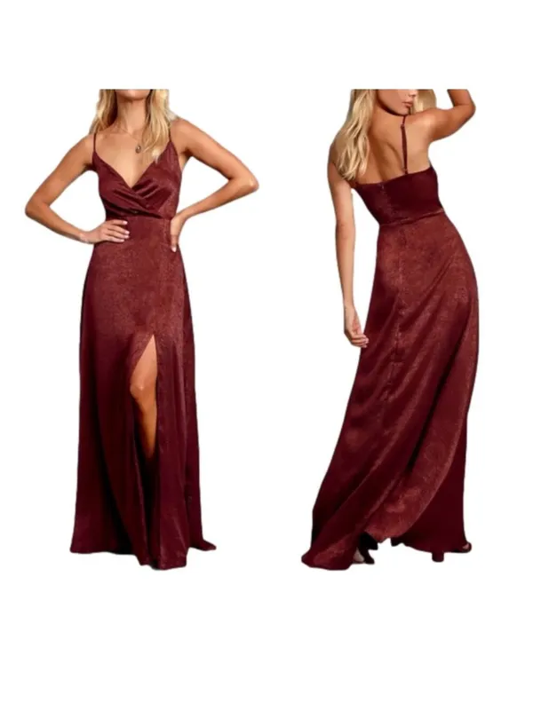 Lulus Burgundy Satin Maxi Dress Size XS NWT Wedding Pom Concert Party Pom - Image 2