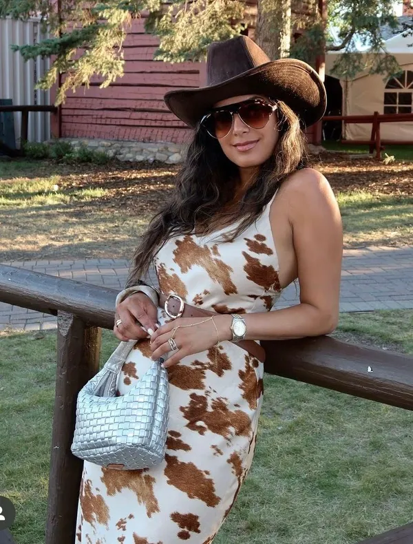 Zara cow patch satin effect boho western Brown and Cream maxi long dress - Image 5