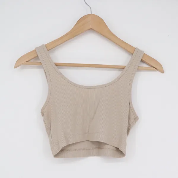 Beige Ribbed Knit Sleeveless Scoop Neck Crop Top Minimalist Neutral Slim Fit - Image 2