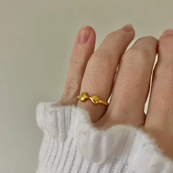 Two Hearts Gold Bow Petite Ring “Angel” Classic Girly Femme Band Stacking Neutral Jewelry - Image 12