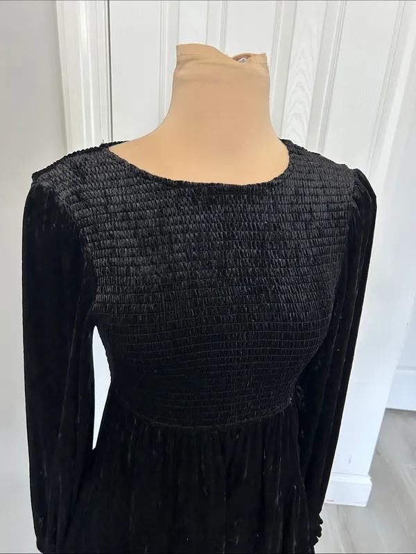 Baltic Born Black Crushed Velvet Smocked Dress - Image 5