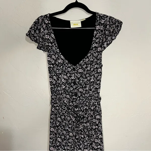 Maeve By Anthropologie Black Purple Ditzy Floral Belted Wide‎ Leg Jumpsuit - Image 3