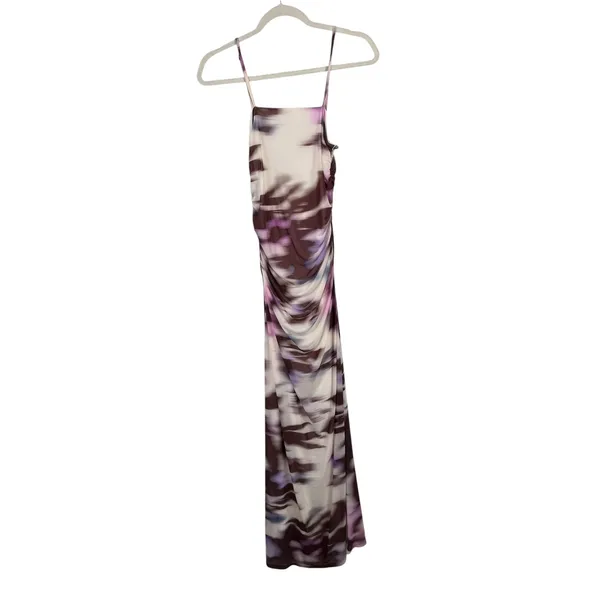 BHLDN Lea Dress Square Neck Midi Purple Abstract Ruched Wedding Guest Womens M - Image 2