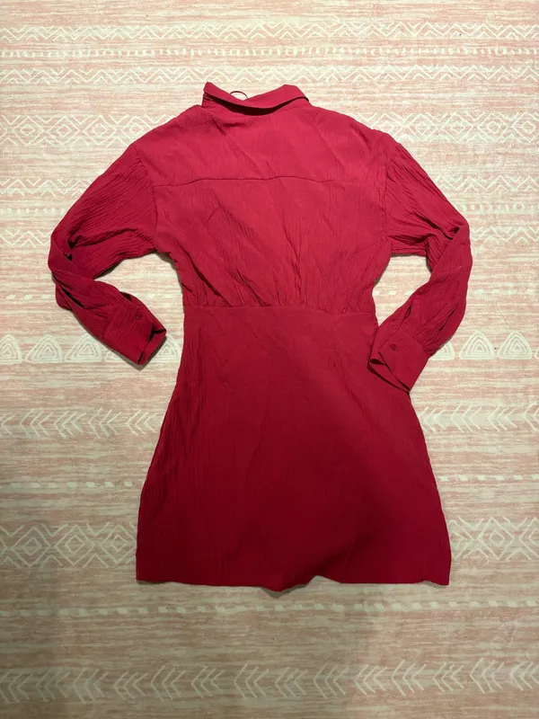 Red Zara long sleeve wrap dress with collar - Image 2
