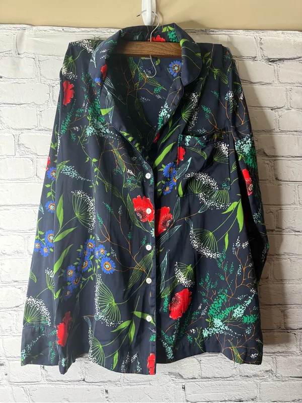 Aerie Navy Floral Button-Up Top with Red & Green Accents size small - Image 2