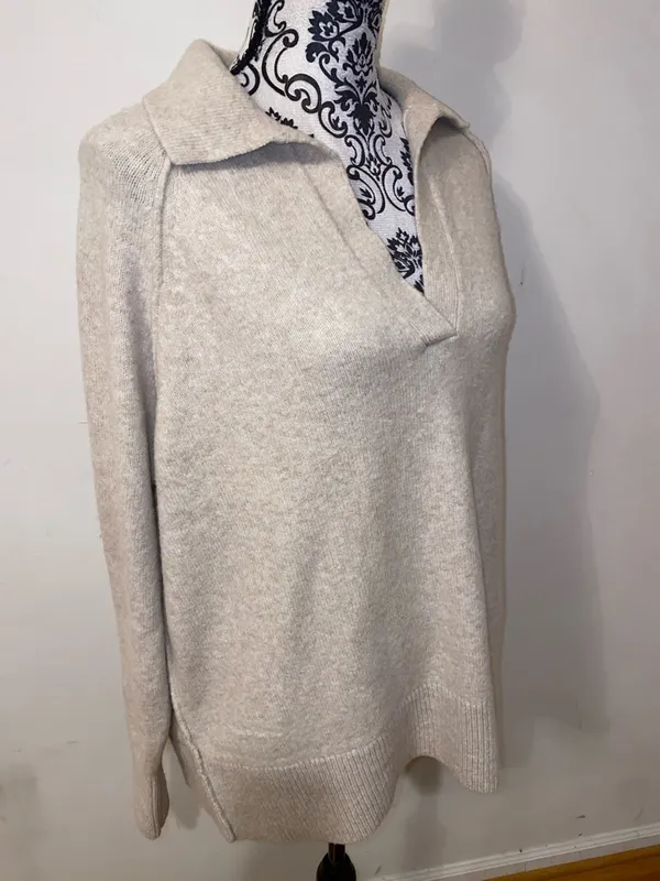 NWT!! Aerie Cream Collared V-Neck Knit Pullover Sweater Size Small Oversized - Image 2