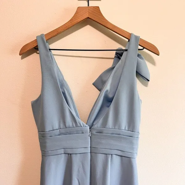 Mac Duggal Blue Sleeveless V Neck Bow Detail Mermaid Gown Size 2 - Image 7