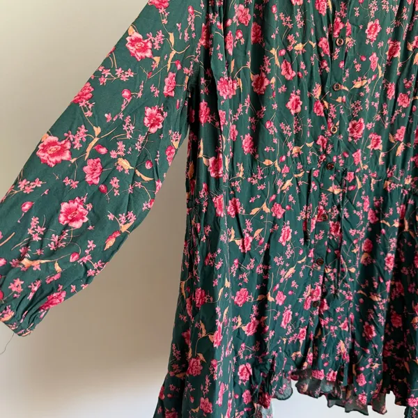Free People Floral Mini Babydoll Dress Button Front Long Sleeve Green Pink M‎ - Image 6