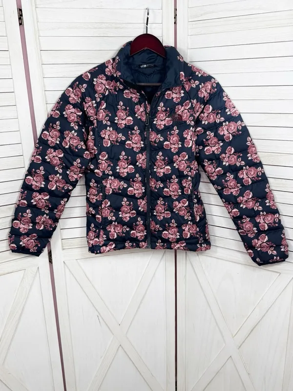 The North Face Flare Jacket Women Small Blue Pink Floral Down Puffer Coat Zip Up - Image 7