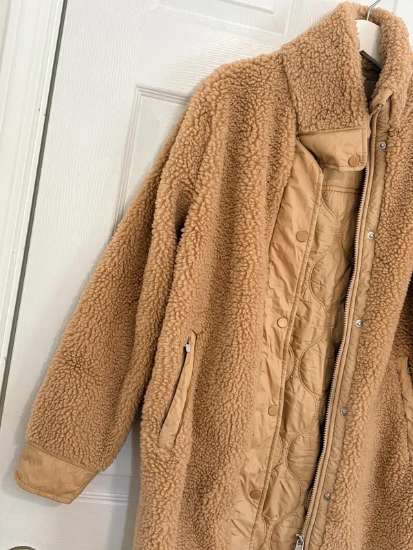 Athleta Sherpa Teddy Coat XS Camel Longline Cozy Minimalist Quiet Luxury Winter - Image 7
