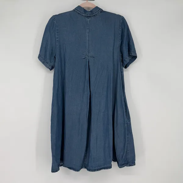 Aqua Chambray Denim Shirt Dress Embroidered‎ Floral Button Front S Boho Casual - Image 2