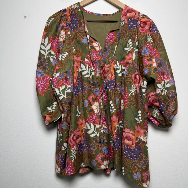 J. Marie Women Cotton Top Small Green Floral Peacock Babydoll Tassel Preppy Boho - Image 2