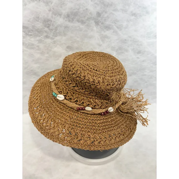Panama Jack Women Brown Toyo Straw Sun Hat Cowrie Shell Bead‎ Tassel Vacation - Image 2