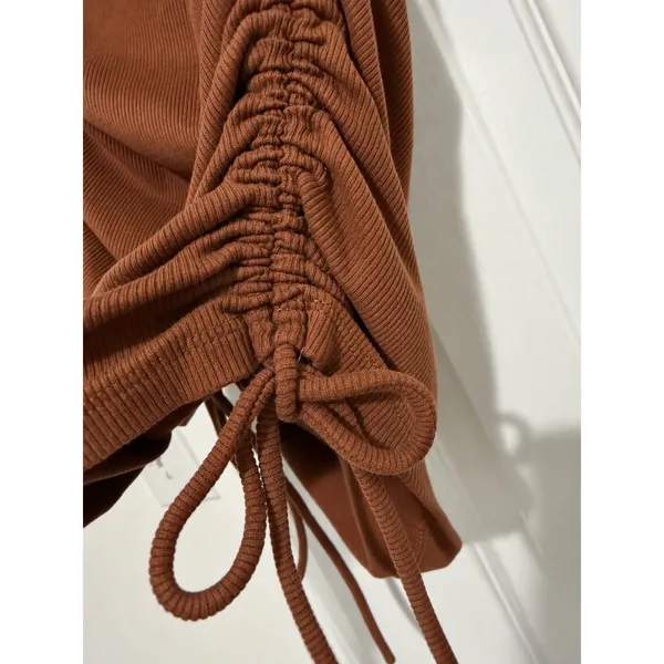 Zara Brown Ribbed Ruched Side Drawstring Bodycon Mini Dress Small Stretch - Image 3