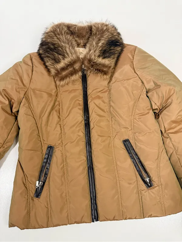 MICHAEL Michael Kors Quilted Puffer Jacket with Faux-Fur Collar in Camel/Tan - Image 4