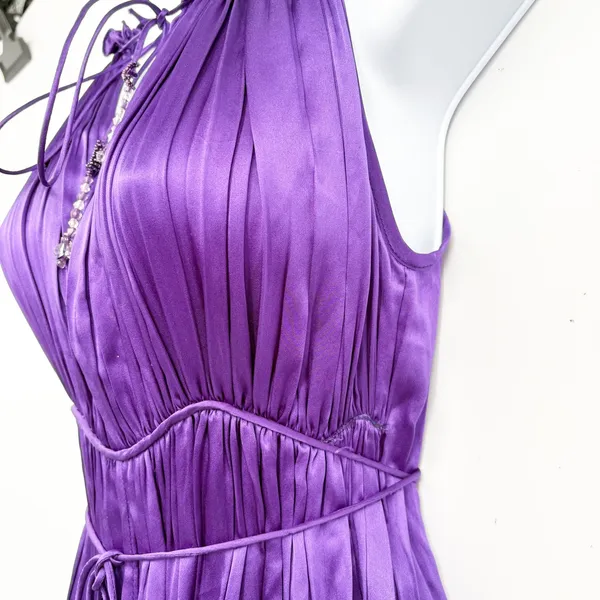 Blessed and Lucky Womens Purple 100% Silk Pleated Halter Maxi Prom Gown Dress XS - Image 7