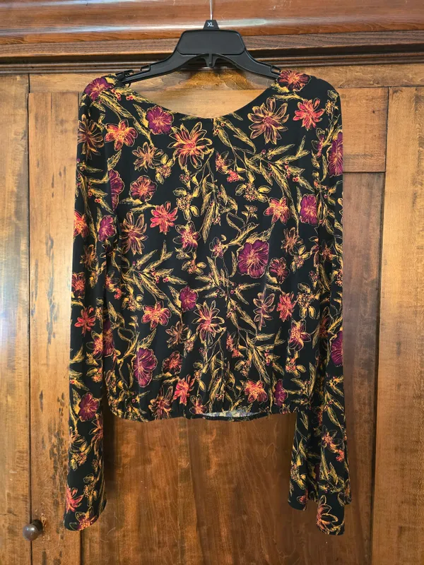Free People Black Long-Sleeve Floral Top with Pink & Gold Blooms - Image 4
