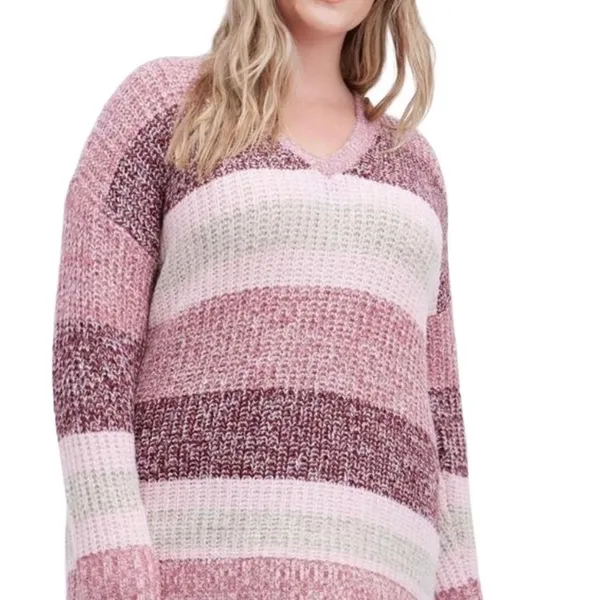 Torrid Pullover‎ Slouchy V-Neck Tunic Sweater Chunky pink ombre Stripe M/10/00 - Image 3