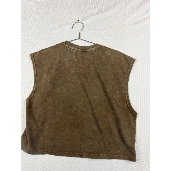 Cowboy Hello Bull Skull Graphic Sleeveless Tee Brown Mineral Wash Small - Image 2