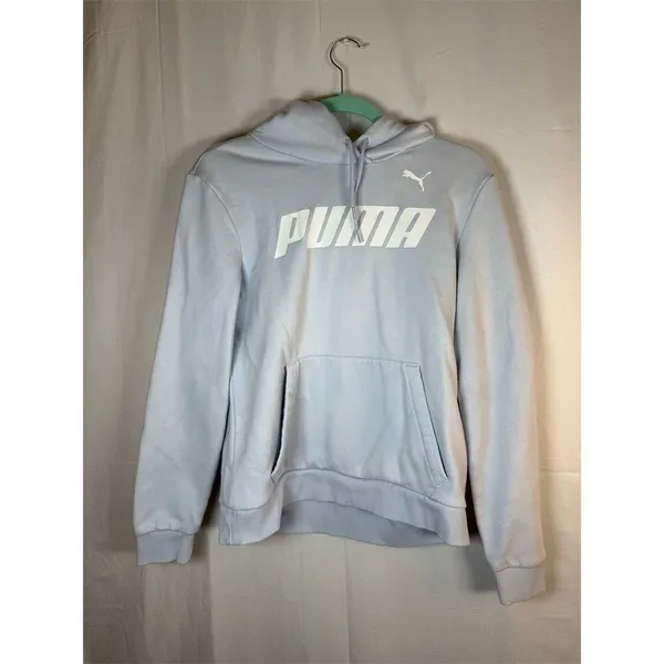PUMA Essentials Logo Pullover Hoodie Women’s M Light Blue Fleece Lined - Image 3