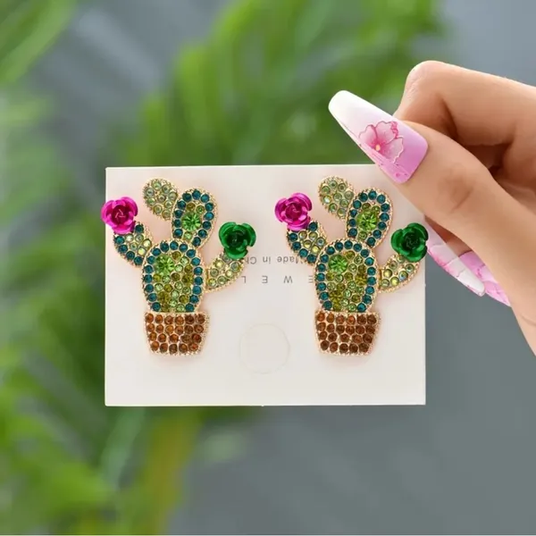 Desert Disco Rhinestone Cactus Statement Earrings — Western Kitsch – NWT Green - Image 2