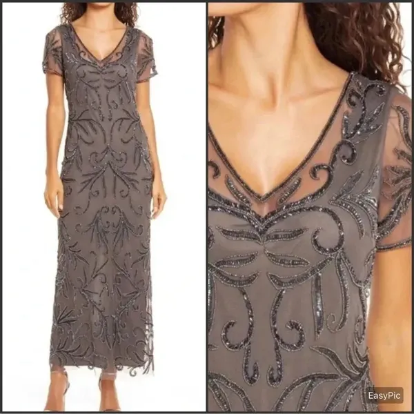 NWT Pisarro Nights Size 8 Beaded Mesh Column Gown Aluminum - Image 2