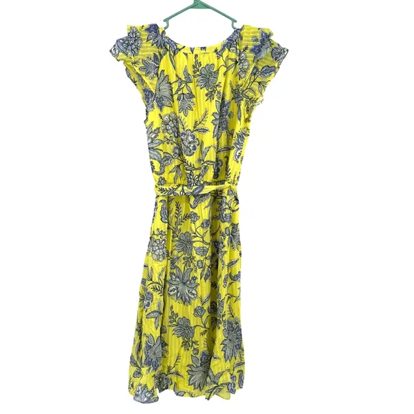 Loft Size Medium Petite Yellow Sun Dress Knee Length‎ Belted Short Sleeve Bright - Image 2