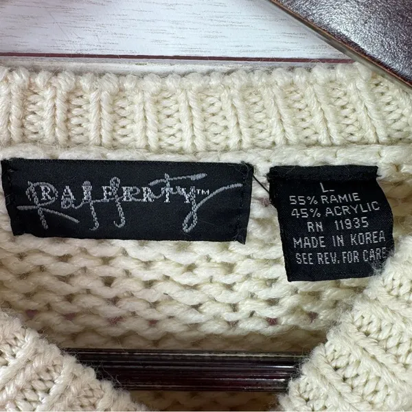 Vintage Rafferty 80s‎ 90s Floral Chunky Knit Sweater Ivory Large Crewneck - Image 9