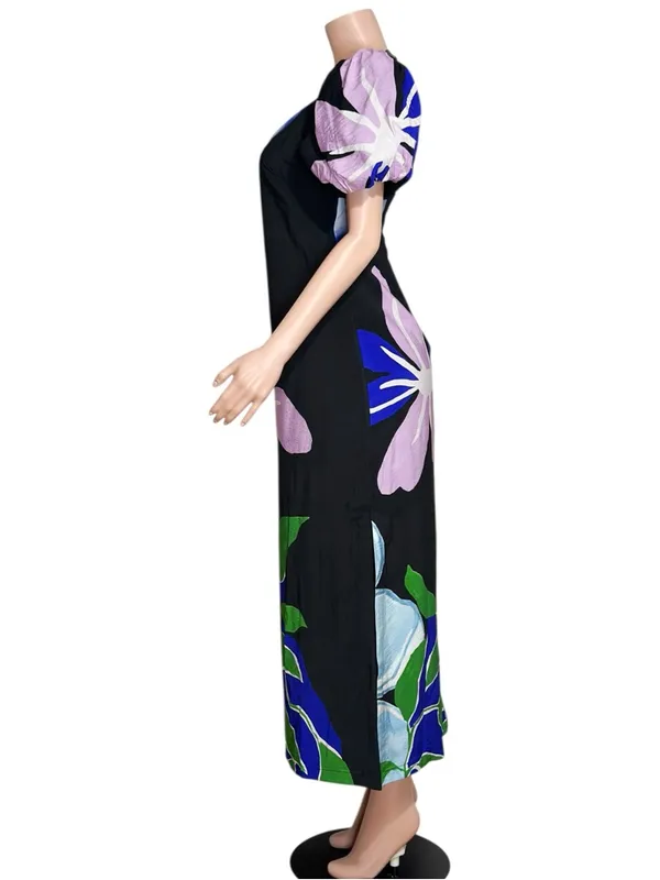 ANTHROPOLOGIE Puff-Sleeve A-Line Maxi Dress, Black Floral, Small - Image 6