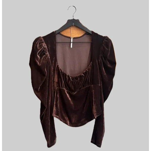 Free People Hold Me Velvet Puff Sleeve Women's Brown Long Sleeve Sz LRG - Image 3