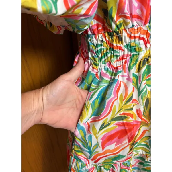 THML Tropical Leaf Print Smocked Waist Puff Sleeve Tiered Mini Dress Small - Image 4
