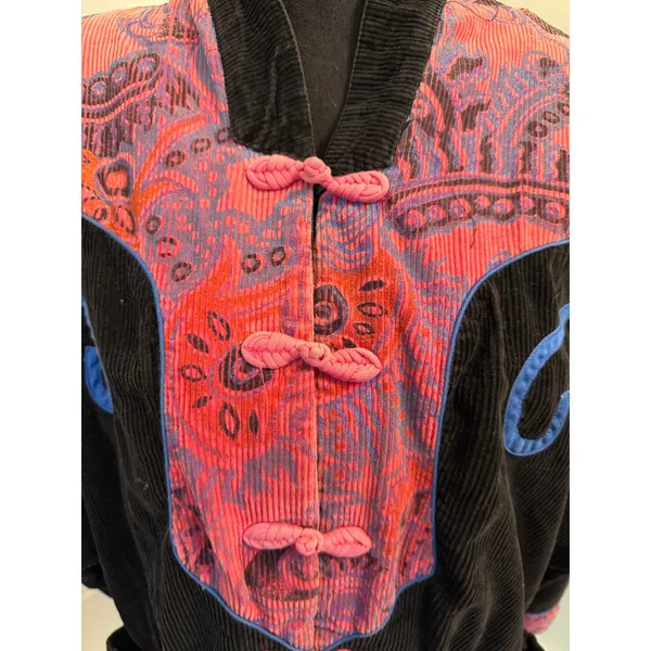 Vintage 80s/90s Black Corduroy Wearable Art Jacket Pink Paisley Frog Closures - Image 4
