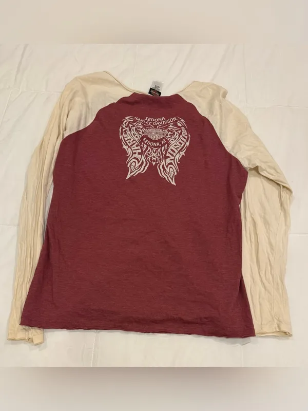 VTG Harley-Davidson Colorblock Raglan Long Sleeve Shirt Maroon Cream XXL - Image 2