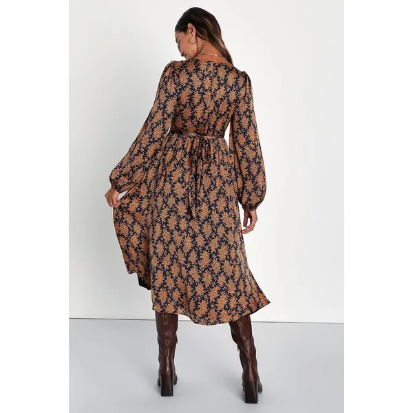 Lulus Graceful Impression Black and Orange Floral Print Midi Dress Satin S NWT - Image 3