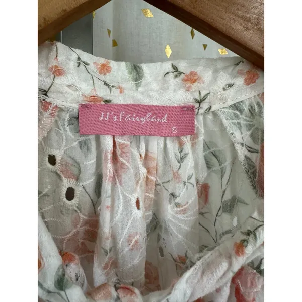 JJ's Fairyland Floral Embroidered Eyelet Self Tie Neck Smocked Waist Blouse S - Image 2