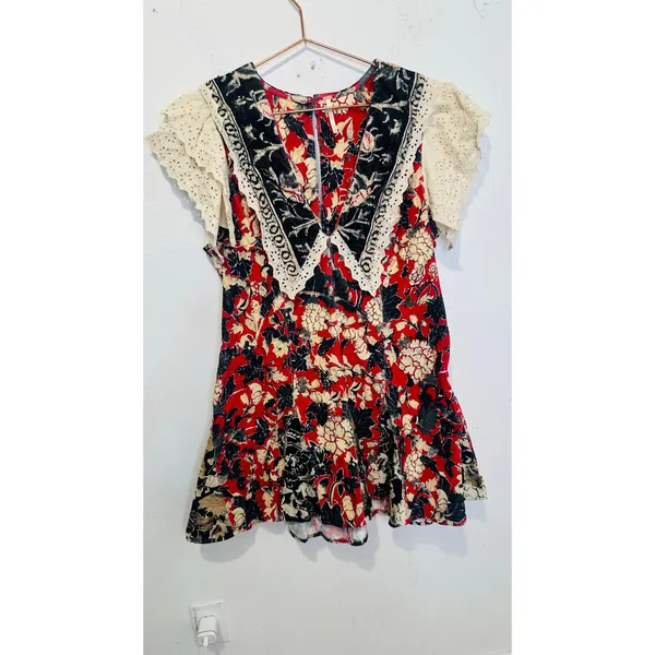 FREE PEOPLE Red White Bali Antoinette Corduroy Lace Mini Dress size Large - Image 2