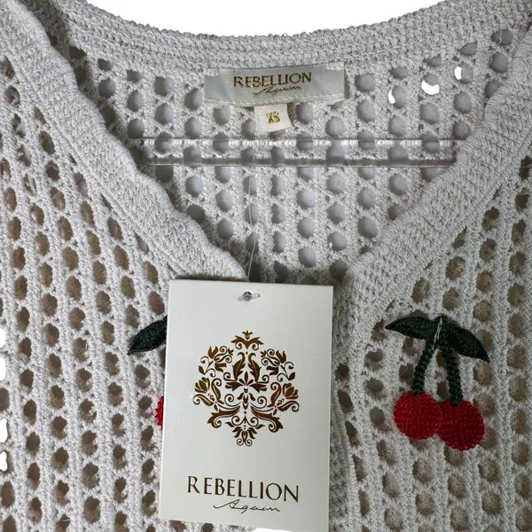 Coquette Festival Cherry Crochet Cardigan Cotton Open Knit Cream XS NWT Softgirl - Image 3