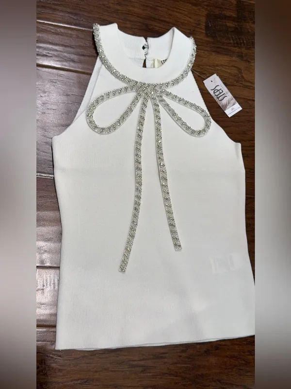 Embellished Bow Halter Tank Top in White - Image 2
