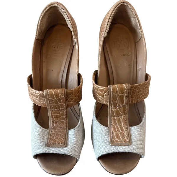 Tory Burch Georgina Linen Platform Heels Croc Leather Peep Toe‎ Sz 9 - Image 3