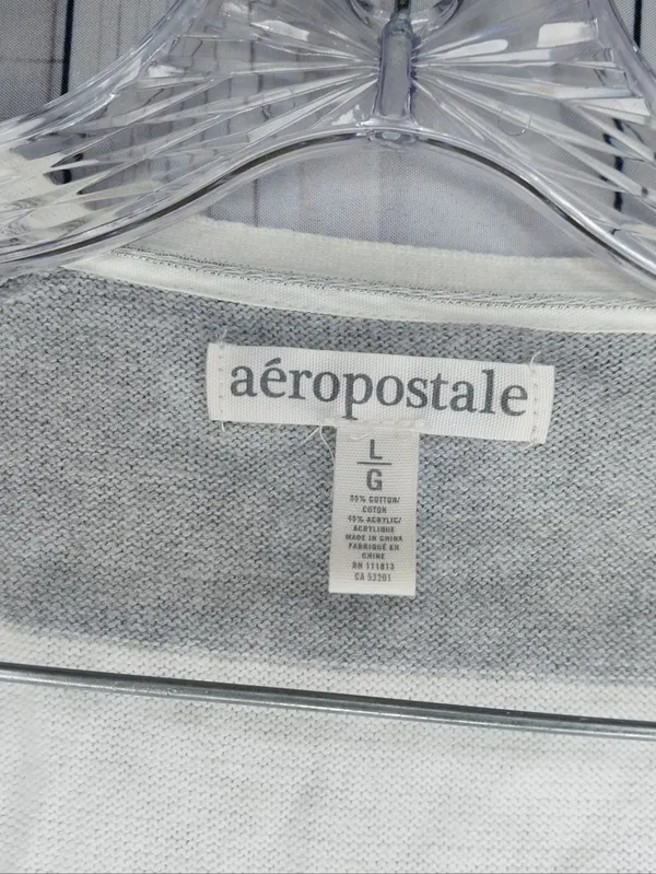 Aeropostale Gray & White Striped Open Casual Draped Preppy Cardigan Sweater - Image 2
