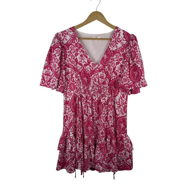 Entro Pink Damask Print V-Neck Smocked Mini Dress Small Vibrant Festival Girly - Image 3