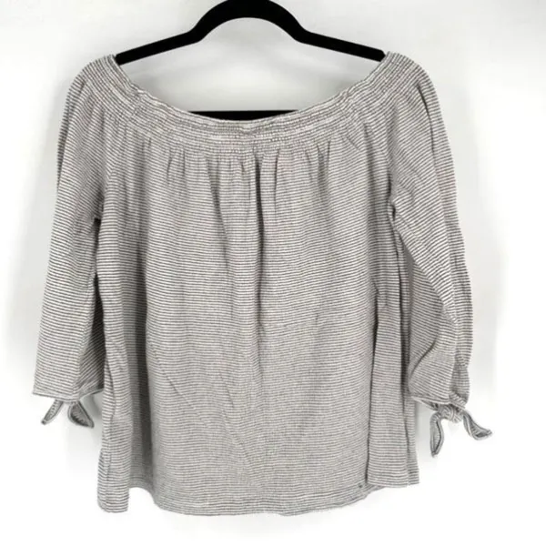 Lucky Brand Women’s Off Shoulder Striped Gauzy Peasant‎ Top Medium Black White - Image 2