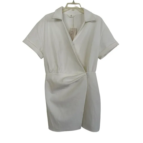 Commense Womens Collared Cuffed Sleeve Button Wrap Short Dress White Medium - Image 2